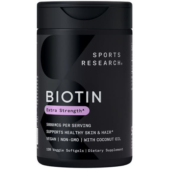 Sports Research® Vegan Biotin 5000mcg with Organic Coconut Oil - Extra Strength Hair Vitamin B7 (120 Veggie Softgels)