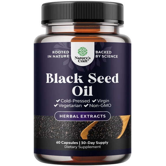 Natures Craft Cold Pressed Black Cumin Seed Oil Supplement with Omega 3 6 9 Antioxidants, 60 Ct
