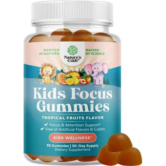 Kids Focus Gummies - Nootropics Brain Support Supplement for Kids with Green Tea Extract, B6 & B12 Vitamins for Memory and Brain Focus - Herbal Concentration Chews for Children - 90 Count