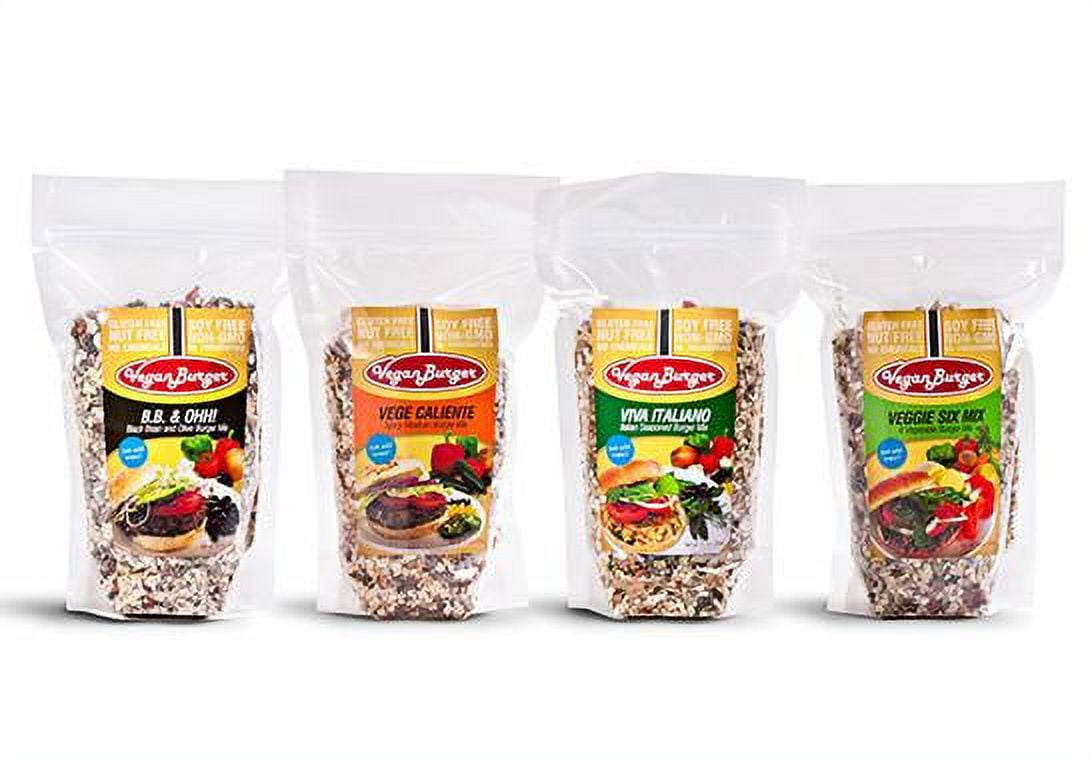 Vegan Burger Pack of 4 (36 Servings Total): Vege Caliente, Veggie Six Mix, B.B. & Ohh!, Viva Italiano