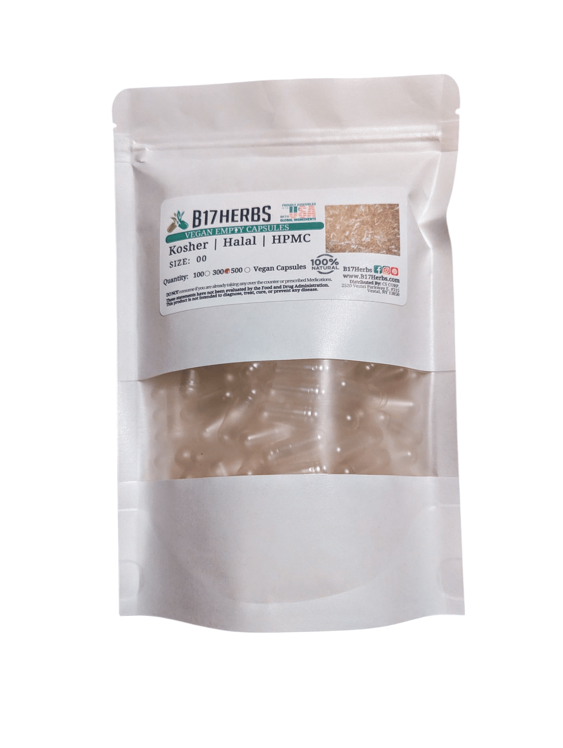 Vegan Caps Size 00 | Empty - Fillable - DIY | Kosher | Halal | HPMC | Cellulose | Vegetarian | [P]harmaceutical Grade | [G]elatin - Bulk 300 Veg. Caps