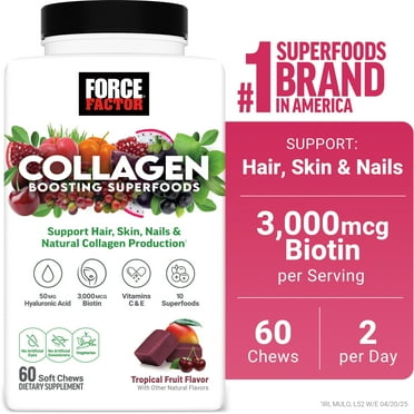 Force Factor Vegan Collagen Boosting Superfoods, Hair, Skin & Nails Supplement with Biotin, Vitamins & Antioxidants, Tropical Fruit, 60 Soft Chews