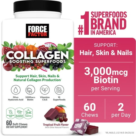 Force Factor Vegan Collagen Boosting Superfoods, Hair, Skin & Nails Supplement with Biotin, Vitamins & Antioxidants, Tropical Fruit, 60 Soft Chews