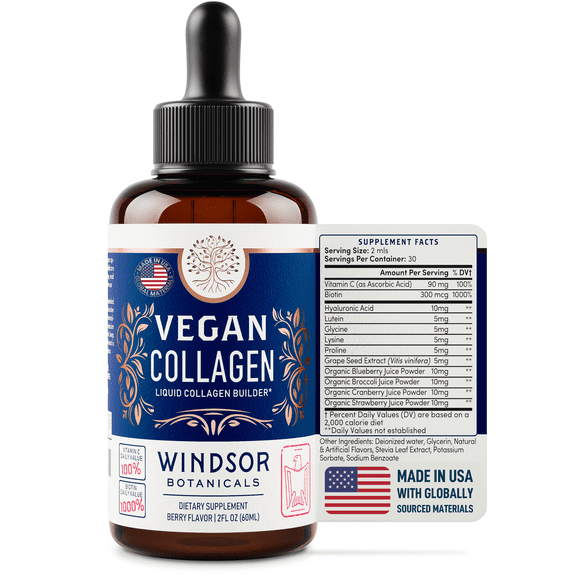 Vegan Collagen Builder Liquid - Vitamin C, Biotin, Hyaluronic Acid & Amino Acids Sugar Free Vegeterian Collagen Booster - Hair & Nail Growth, Skin Health - 2oz, 30Day