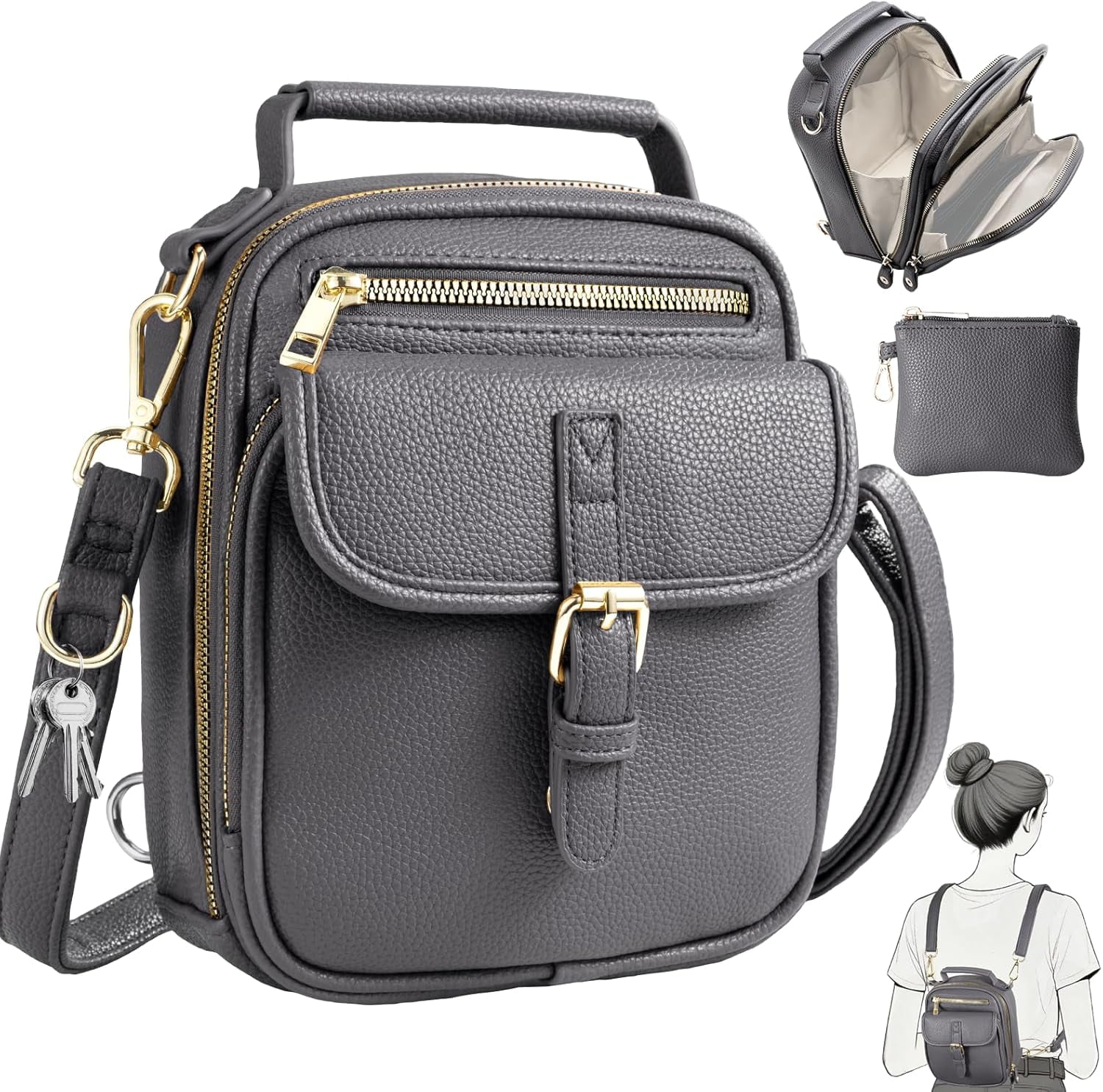 Vegan Crossbody Leather Bag for Women with 2 Adjustable Straps, Anti-Theft RFID Messenger Bag with Wallet, Small Shoulder Bag for Daily Travel