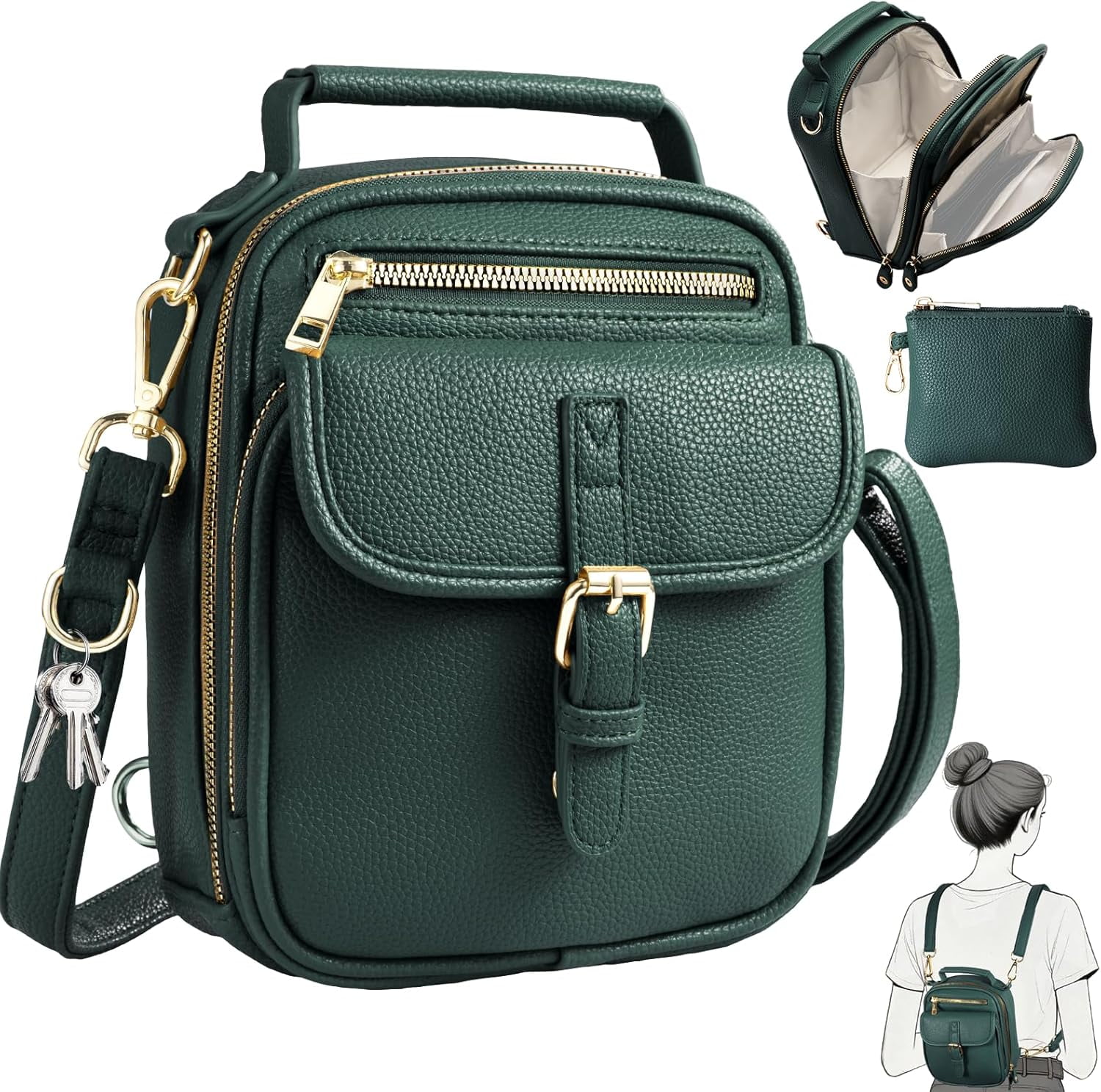 Vegan Crossbody Leather Bag for Women with 2 Adjustable Straps, Anti-Theft RFID Messenger Bag with Wallet, Small Shoulder Bag for Daily Travel
