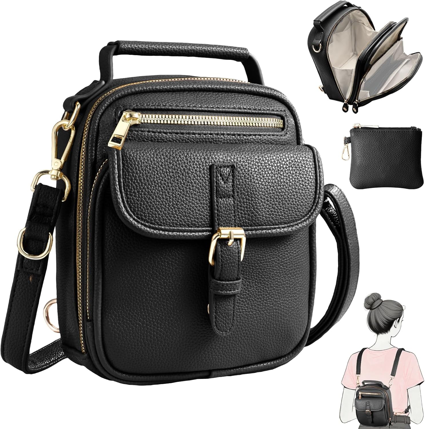Vegan Crossbody Leather Bag for Women with 2 Adjustable Straps, Anti-Theft RFID Messenger Bag with Wallet, Small Shoulder Bag for Daily Travel