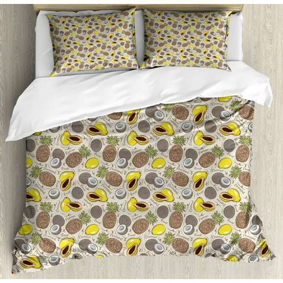 Vegan Duvet Cover Set King Size, Tropical Fruits Pattern with Papaya Coconut and Pineapple Organic and Fresh Food, Decorative 3 Piece Bedding Set with 2 Pillow Shams, Multicolor, by Ambesonne