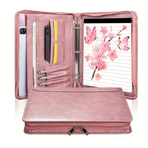 Vegan Faux Leather 3-Ring Portfolio Binder for Women Men, Zippered A4 Legal Size Organizer with Laptop Pocket, Bright Pink Work Planner, Christmas New Year Gift