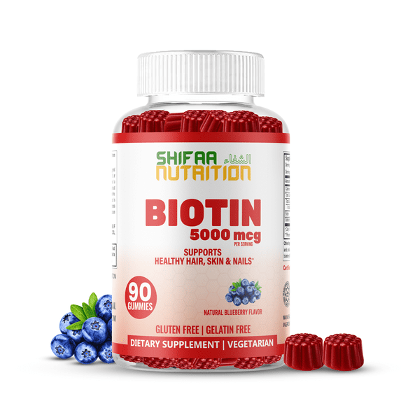 Vegan High Potency Hair Growth Biotin Gummies 5000 mcg For Women Kids Men | 90 Ct, 45 Servings, Non-GMO | Hair, Skin and Nails Gummy Vitamins & Prevents Hair Loss | Halal Vitamins | SHIFAA NUTRITION