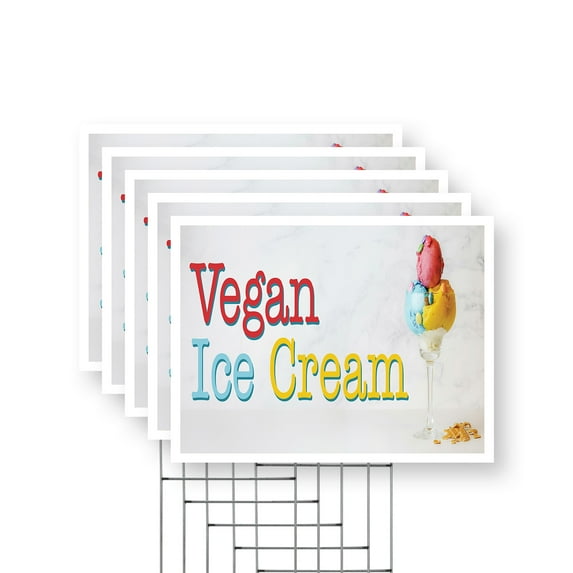 Vegan Ice Cream Yard Sign 5 Pack of 12 Inch x 16 Inch Double Sided Weatherproof Heavy-Duty Plastic with Stake | Dairy-Free Desserts, Healthy Living, Professional Promotions | Made in