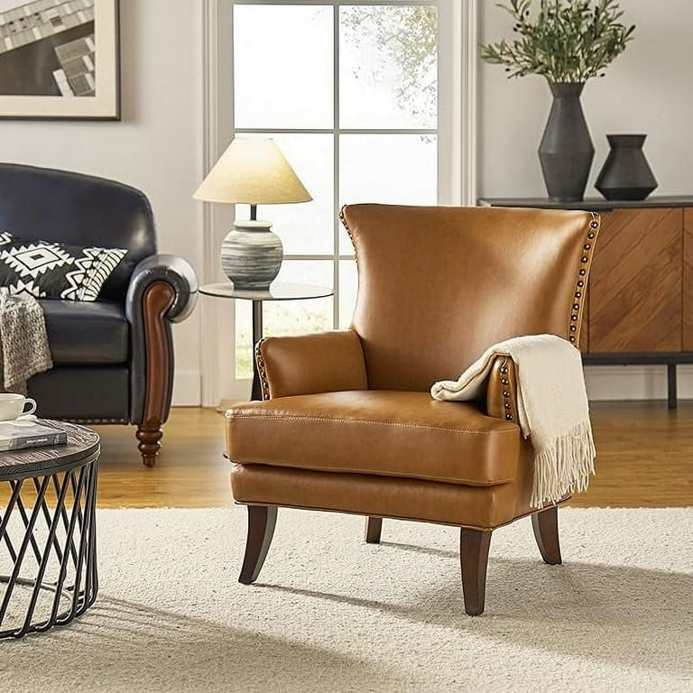 Camel Vegan Leather Accent Chair, Wingback, Tight Back with
