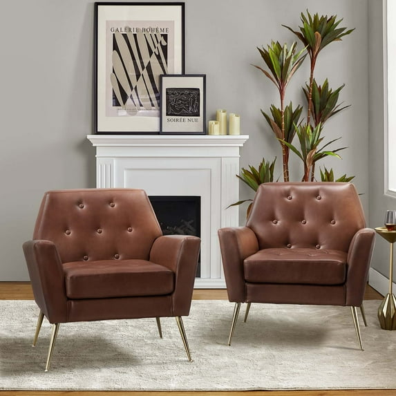 Vegan Leather Accent Chair Set of 2 Upholstered Armchair Gold Legs Button Tufted Lounge Sofa Chair Living Room Bedroom Brown