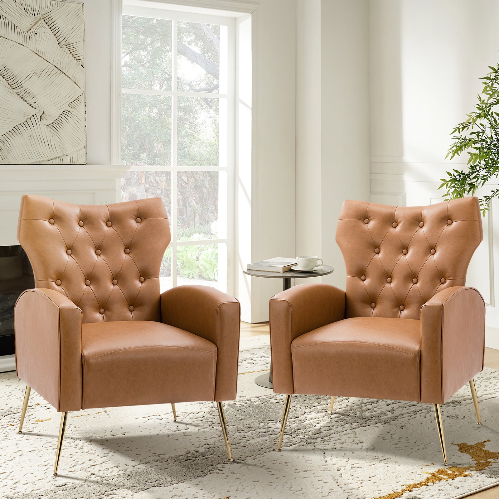 Vegan Leather Accent Chair Set of 2, Upholstered Wingback Armchair
