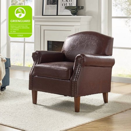 Vegan Leather Armchair Living Room Home Office Lounge Single Sofa Nailhead Rolled Arms Accent Chair Adult Brown