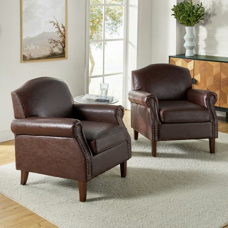 Vegan Leather Armchair Set of 2 Living Room Home Office Lounge Single Sofa Nailhead Rolled Arms Accent Chair Adult Brown