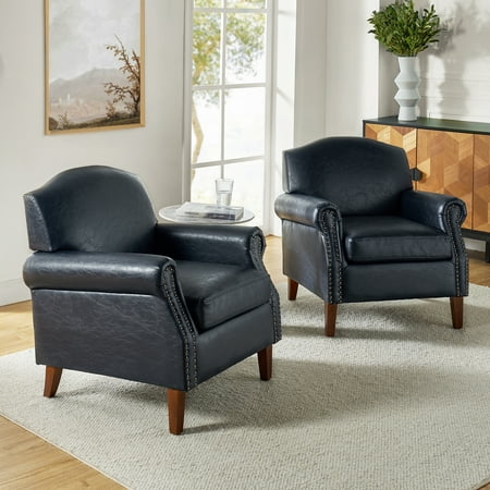 Vegan Leather Armchair Set of 2 Living Room Home Office Lounge Single Sofa Nailhead Rolled Arms Accent Chair Adult Navy