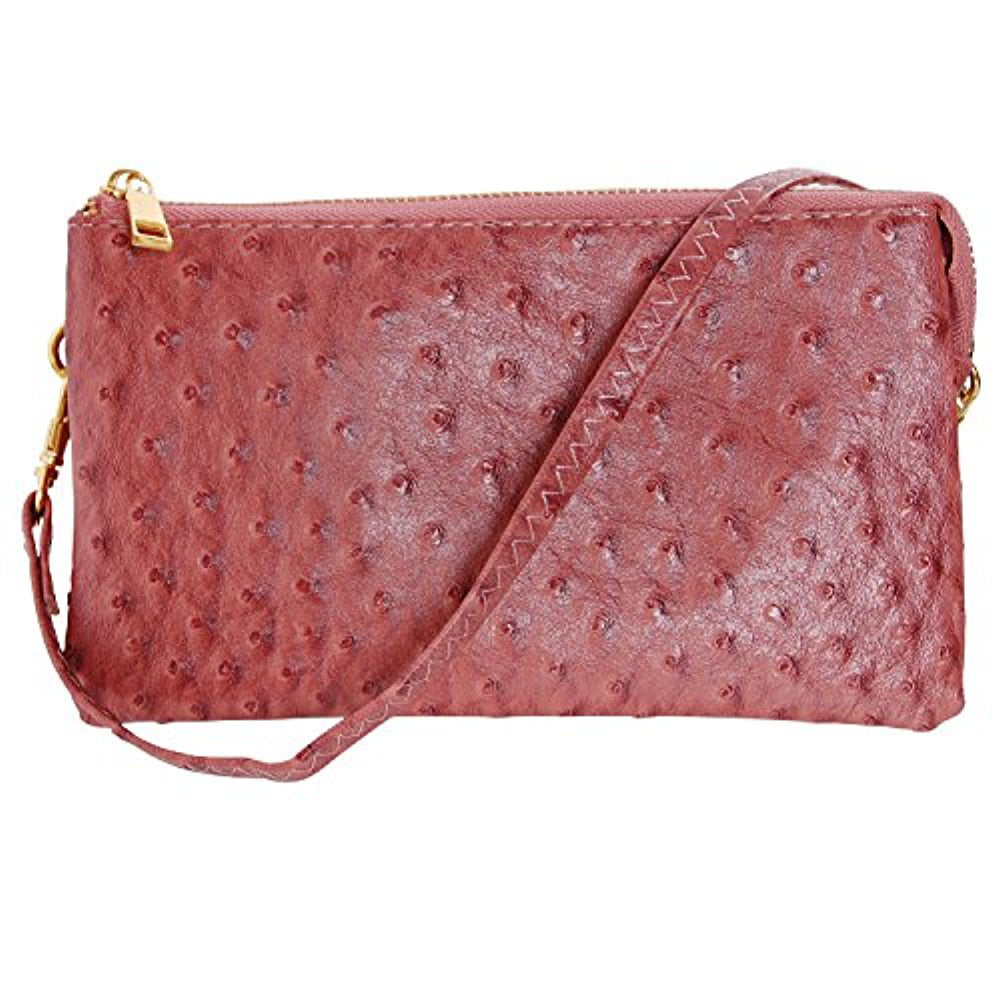 Vegan Leather Faux Ostrich Wristlet - Textured Dot Convertible Wallet  Crossbody Bag Clutch Purse with Shoulder Strap by Humble Chic NY, Saddle  Brown Ostrich, Camel, Tan, Cognac, Walnut 