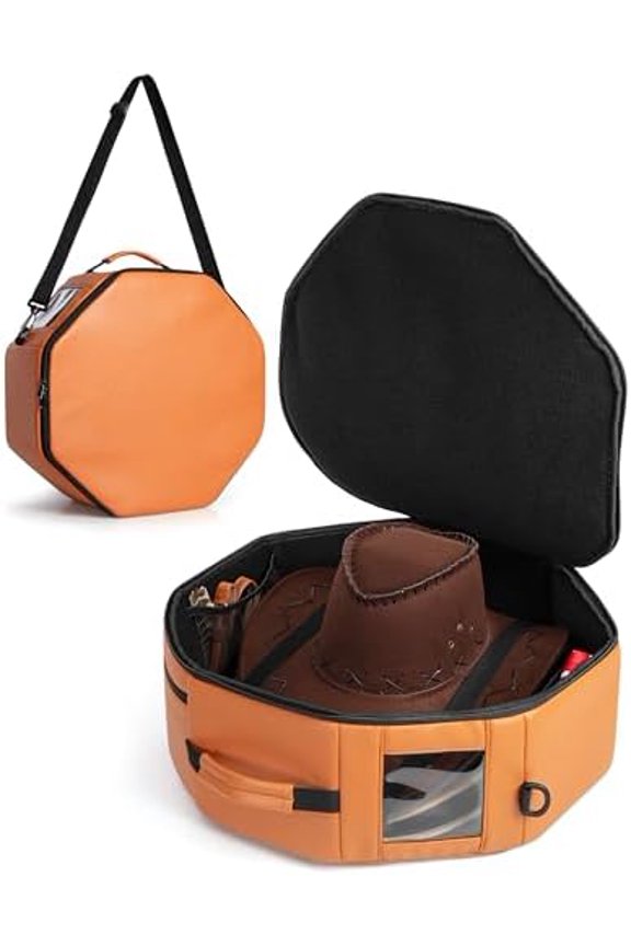 Vegan Leather Hat Box Fits 4 Cowboy or Wide-Brim Hats, Padded Storage Case with Shoulder Strap & Trolley Sleeve for Travel or Home Storage, Brown$$Home Decor, Kitchen, & Other
