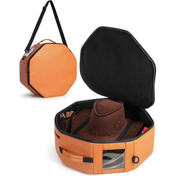 Vegan Leather Hat Box Fits 4 Cowboy or Wide-Brim Hats, Padded Storage Case with Shoulder Strap & Trolley Sleeve for Travel or Home Storage (Facet Series, Brown)