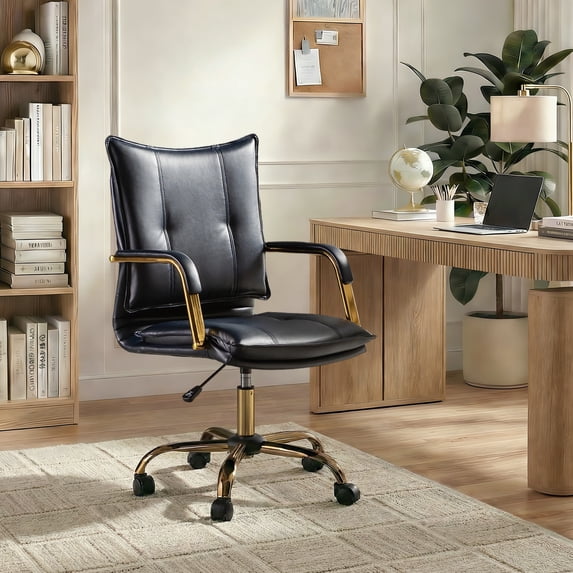 Tina's Home Luxury Faux Leather Office Chair with Golden Accents, Adjustable Swivel Ergonomic Desk Chair for Executive Comfort and Style Navy