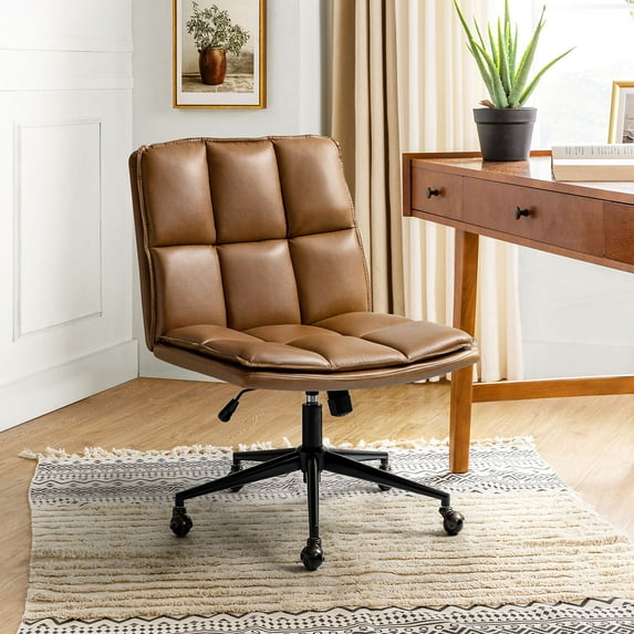 Vegan Leather Office Chair Adjustable Oversize Swivel Home Task Chair Metal Leg Bedroom Camel