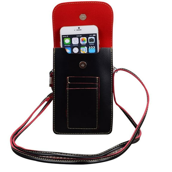 Vegan Leather Vertical Crossbody Smartphone Pouch Wallet (Black) with Removable Adjustable Shoulder Strap, Card Slots, Magnet Button Clasp - fits Smartphones up to 6.5-inch