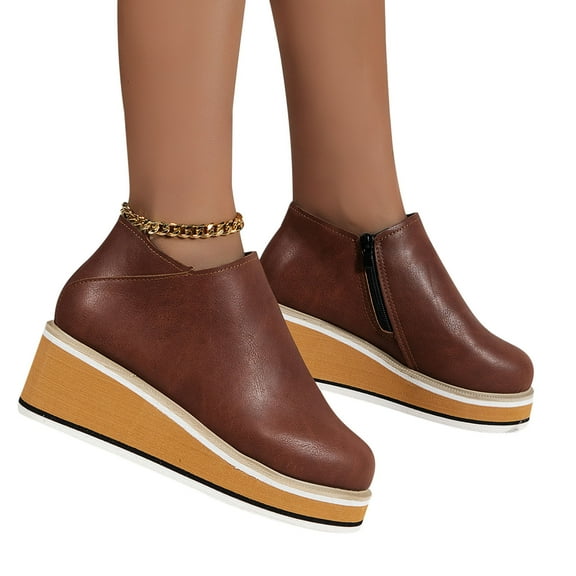 Vegan Leather Women Slip-On Wedge Boots Slouch High Heel Wedges Platform Ankle Boot Fashion Round Toe Booties Shoes