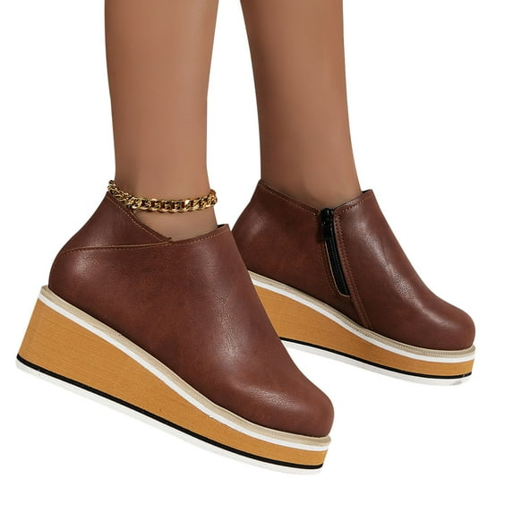 Vegan Leather Women Slip-On Wedge Boots Slouch High Heel Wedges Platform Ankle Boot Fashion Round Toe Booties Shoes