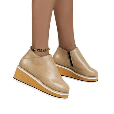 Vegan Leather Women Slip-On Wedge Boots Slouch High Heel Wedges Platform Ankle Boot Fashion Round Toe Booties Shoes
