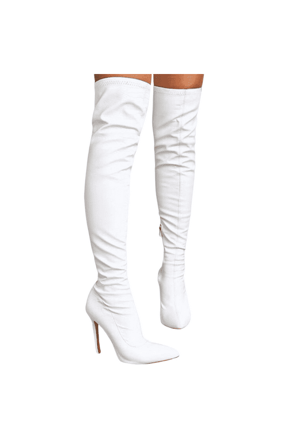 Vegan Leather Women's Pointed Toe Thigh High Stiletto Heel Fashion Boots White PU 5