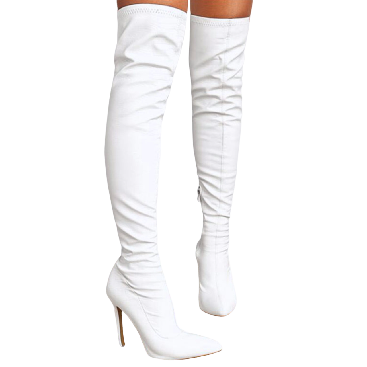 Vegan Leather Women's Pointed Toe Thigh High Stiletto Heel Fashion Boots White PU 7