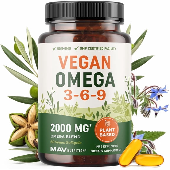 MAV Nutrition Vegan Triple Omega 3-6-9 Softgels, 2000mg, Heart, Brain, and Eye Health, 60 Count