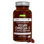 Igennus Vegan Omega-3 Algae Oil, IAOS Certified Pure, 400mg DHA & 200mg EPA per Serving, Triglyceride Form, Supports Brain & Heart Health, with Astaxanthin, 60 Small Softgels 30 Servings