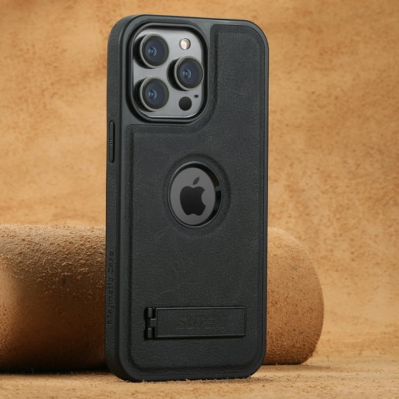 Vegan PU Leather Case for iPhone 15 Pro Case with Kickstand, Built-in Invisible Stand Slim Logo View Classic Luxury Thin Shockproof Protective Cover for iPhone 15 Pro - Black