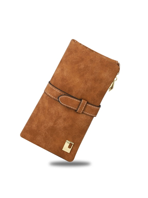Vegan PU Leather Wallet, TSV Long Wallet with Multi-Cards for Women, Slim Bifold Purse, Card Holder with Snap, Brown