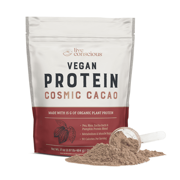 Vegan Pea Protein Powder - Cosmic Cacao Chocolate Flavor | Sugar-Free Plant-Based Vegan Protein Blend - Pea, Brown Rice, Pumpkin, Sacha Inchi | 20 Servings, 17 oz - by Live Conscious