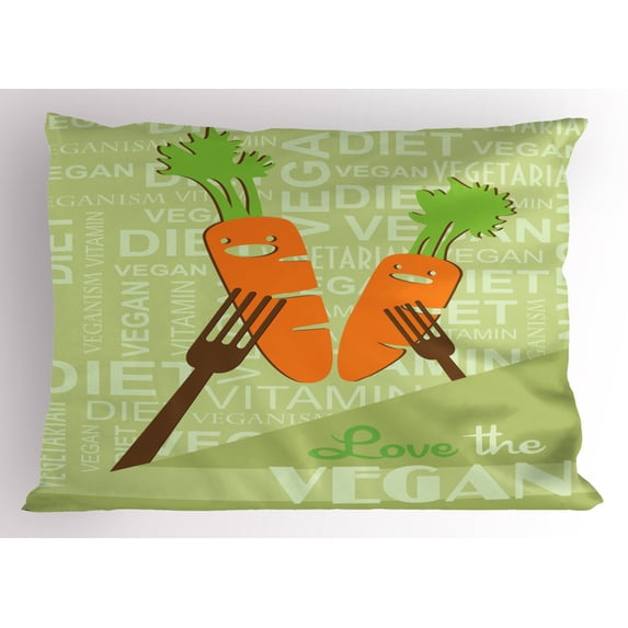 Vegan Pillow Sham, Love the Vegan Diet Theme Graphic Design with Smiling Carrots on Words, Decorative Standard King Size Printed Pillowcase, 36 X 20 Inches, Pale Green Orange Brown, by Ambesonne