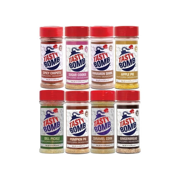 Tasty Bomb Vegan Popcorn Seasoning 8-Pack Sweet and Savory Variety Gift Set Dill Pickle, Sugar Cookie, Gingerbread, Pumpkin Pie, Apple Pie, Cinnamon Swirl, Caramel Corn and Spicy Chipotle