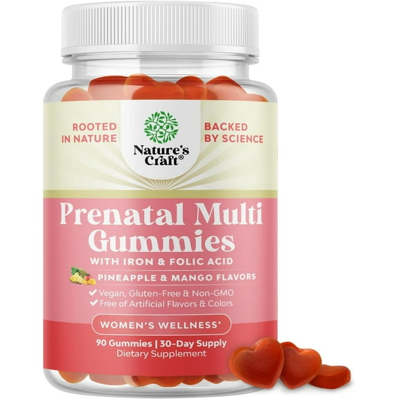 Natures Craft Prenatal Vitamins with Iron and Folic Acid for Women, Pineapple Mango, 60 Gummies
