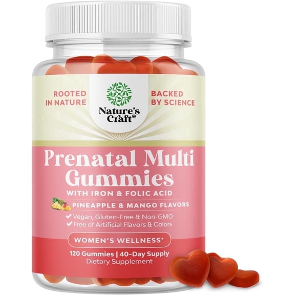 Natures Craft Prenatal Vitamins with Iron and Folic Acid for Women, Pineapple Mango, 120 Gummies