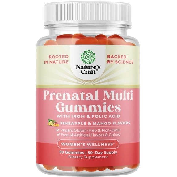Natures Craft Prenatal Vitamins with Iron and Folic Acid for Women, Pineapple Mango, 60 Gummies