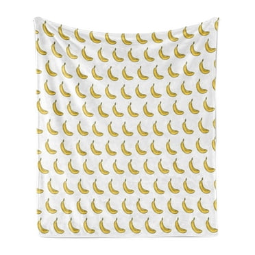 Vegan Soft Flannel Fleece Blanket, Doodle Style Illustration of Bananas Symmetrically Aligned Exotic Fruit Pattern, Cozy Plush for Indoor and Outdoor Use, 50" x 70", Yellow and White, by Ambesonne