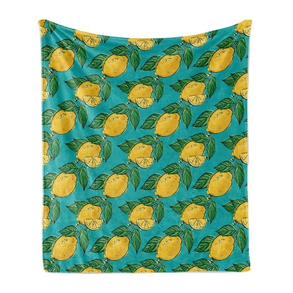 Vegan Soft Flannel Fleece Blanket, Hand Drawn Abstract Pattern with Lemons on Blue Background Healthy Citrus, Cozy Plush for Indoor and Outdoor Use, 50" x 60", Teal Green and Yellow, by Ambesonne