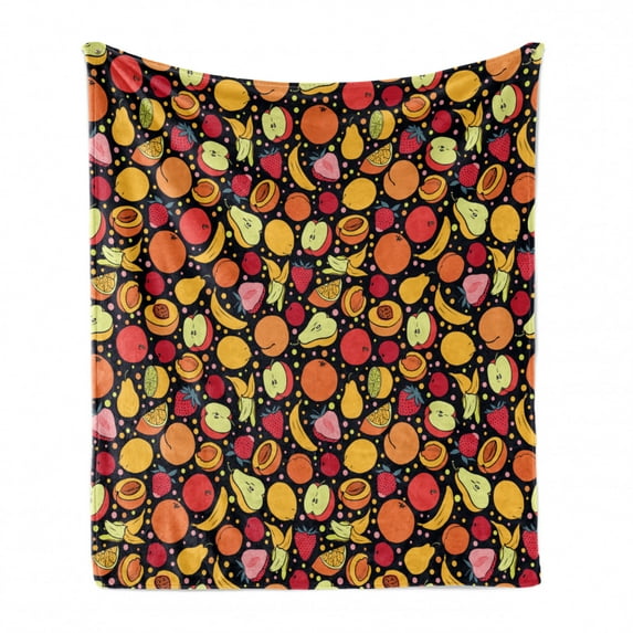 Vegan Soft Flannel Fleece Blanket, Pattern with Colorful Tasty Fruits and Dots on Dark Background Childish Spotty Design, Cozy Plush for Indoor and Outdoor Use, 70" x 90", Multicolor, by Ambesonne