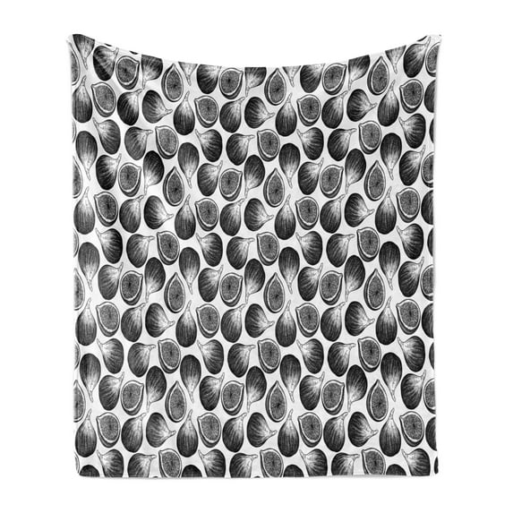 Vegan Soft Flannel Fleece Blanket, Vintage Engraving Style Art Illustration of Figs Vegetarian Delicacies Summer Fruit, Cozy Plush for Indoor and Outdoor Use, 60" x 80", Black White, by Ambesonne