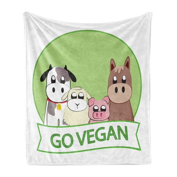 Vegan Soft Flannel Fleece Throw Blanket, Cartoon Style Farm Animals and the Go Vegan Slogan on a Green Colored Circle, Cozy Plush for Indoor and Outdoor Use, 50" x 60", Multicolor, by Ambesonne