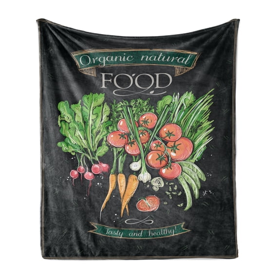 Vegan Soft Flannel Fleece Throw Blanket, Chalkboard Style Background with Hand Drawn Organic Natural Food Tasty and Healthy, Cozy Plush for Indoor and Outdoor Use, 70" x 90", Multicolor, by Ambesonne