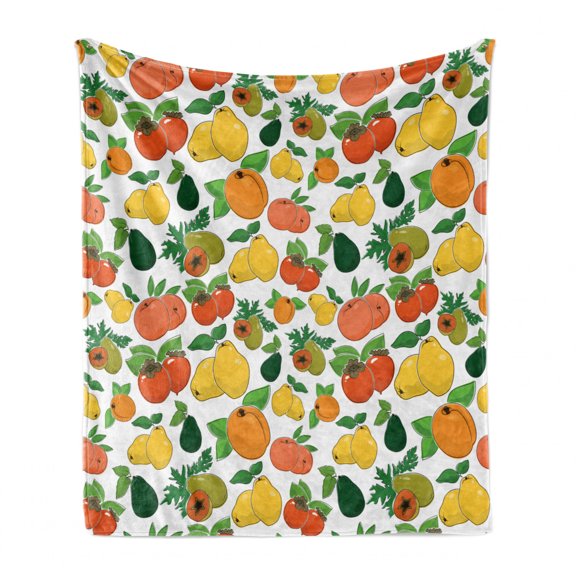 Vegan Soft Flannel Fleece Throw Blanket, Juicy Peach Apricot Quince with Fresh Persimmon Ripe Papaya and Avocado Pattern, Cozy Plush for Indoor and Outdoor Use, 50" x 60", Multicolor, by Ambesonne
