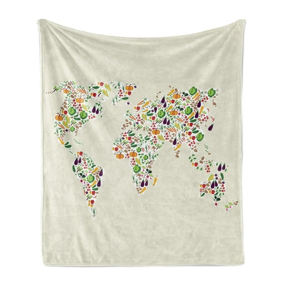 Vegan Soft Flannel Fleece Throw Blanket, Map of the World Designed with Multiple Vegetables Vegetarian and Healthy Planet, Cozy Plush for Indoor and Outdoor Use, 50" x 60", Multicolor, by Ambesonne